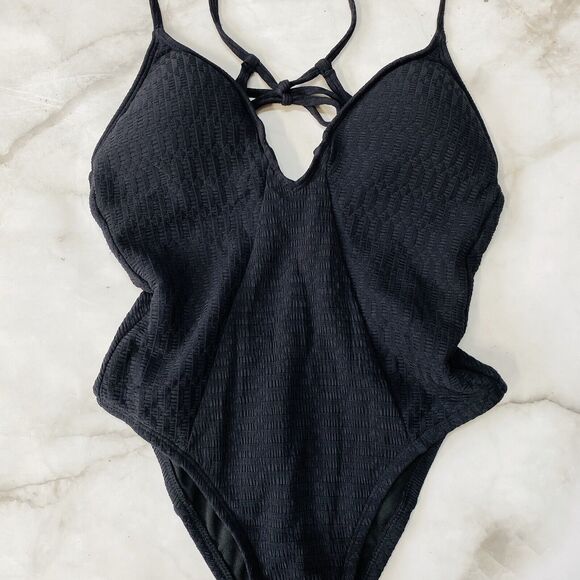 Lucky Brand Black Plunging Strappy Back One Piece Swimsuit XS Shoreline Chic New - Picture 4 of 7